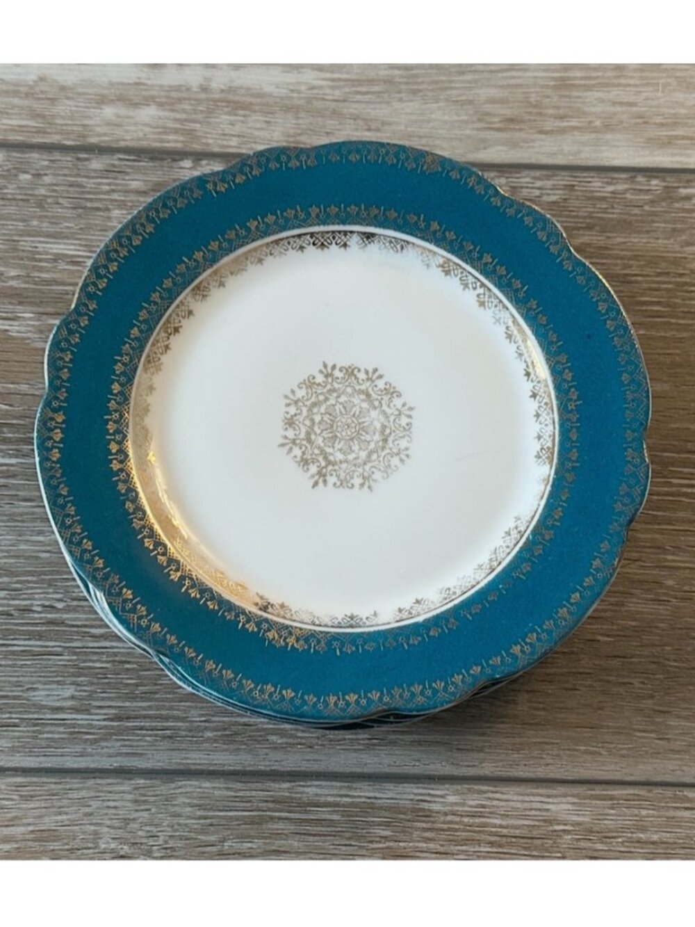 Set of 4 Vintage Porcelain Dessert Plates Higgins & Seiter Austria Teal & Gold
